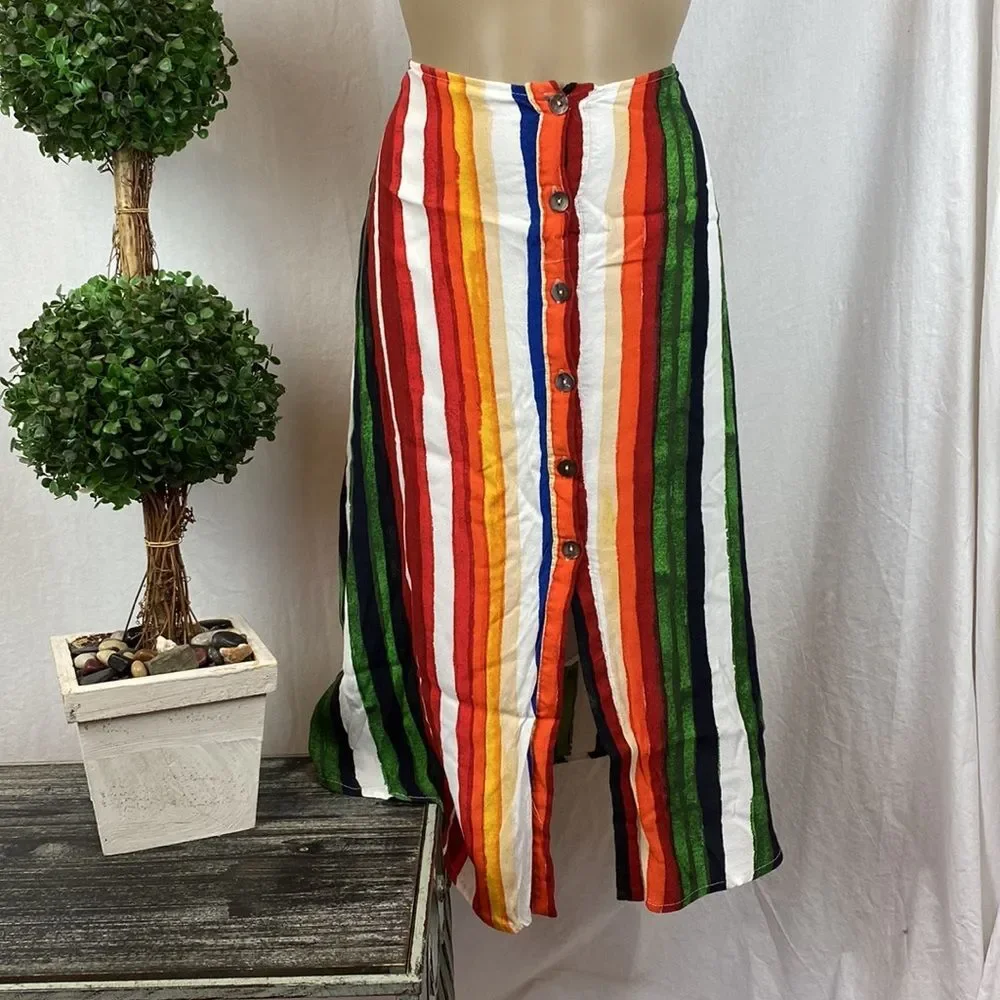 Olivaceous Striped Button Up A Line Midi Skirt M